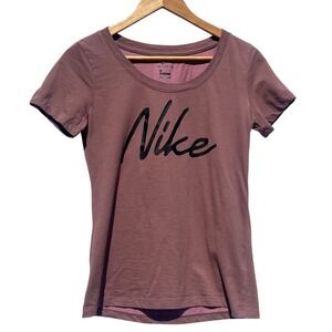 Nike Dri-FIT Womens Script Logo T-Shirt Mauve Pink Short Sleeve XS
